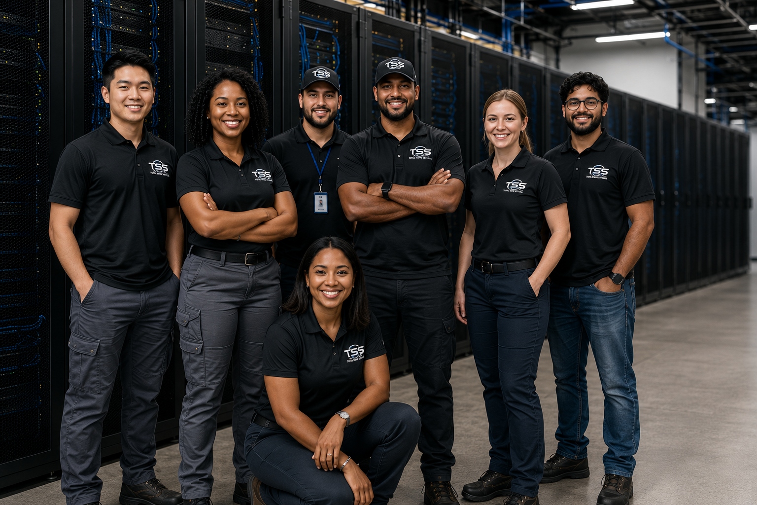 Total Scope Systems technicians in a data center server aisle