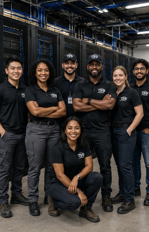 Total Scope Systems field technicians standing together in a data center aisle